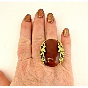 Sheila Fajl Ring Oversized Floral Flower Faux Carnelian Gold Tone Brazil 6.5